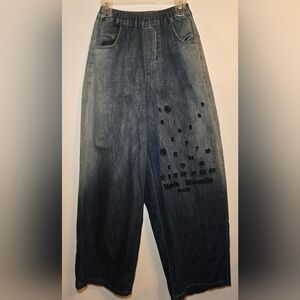 Radish Womens Baggy Wide Leg Embroidered Jeans With Elastic Waist Med Streetwear